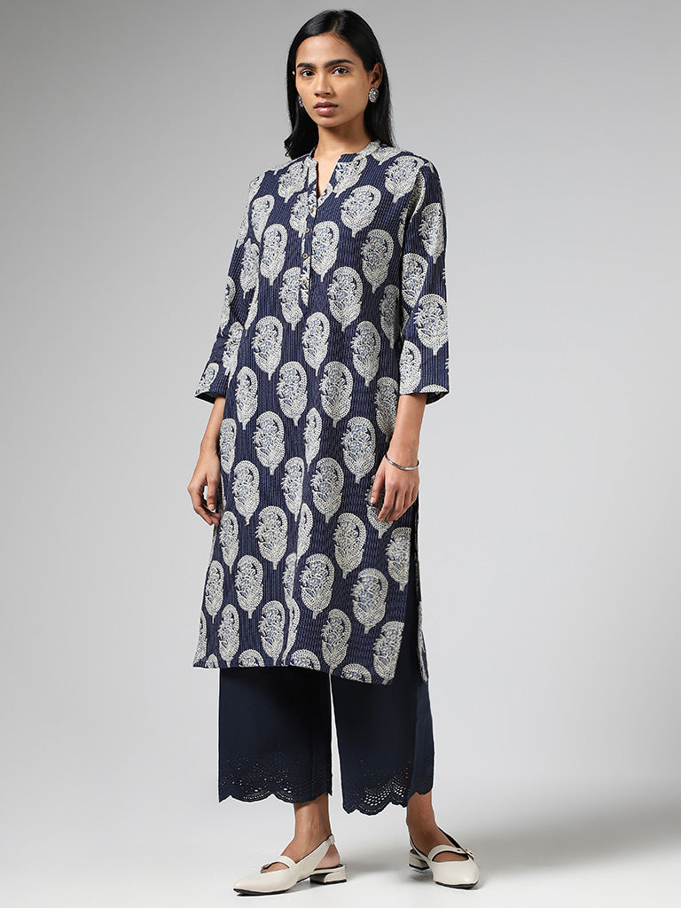 Utsa Indigo Printed & Kantha Embroidered Straight Kurta