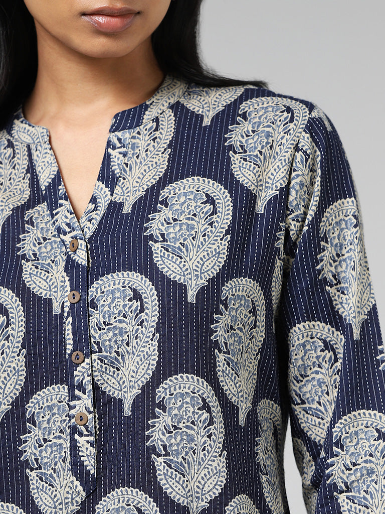 Utsa Indigo Printed & Kantha Embroidered Straight Kurta