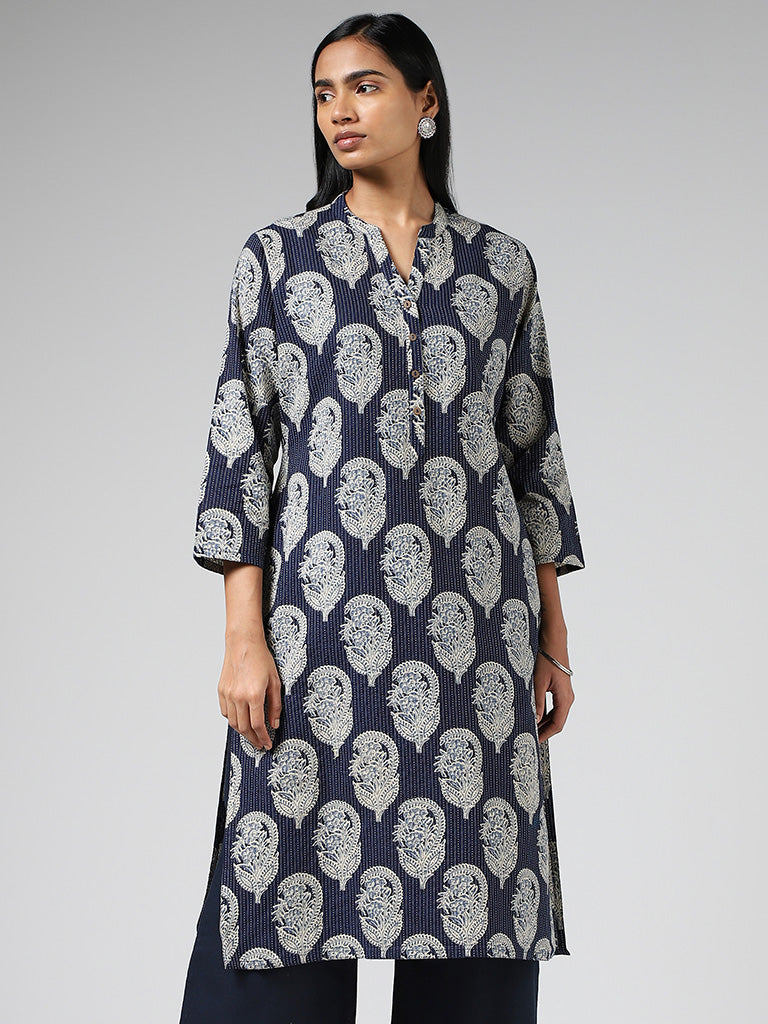 Utsa Indigo Printed & Kantha Embroidered Straight Kurta