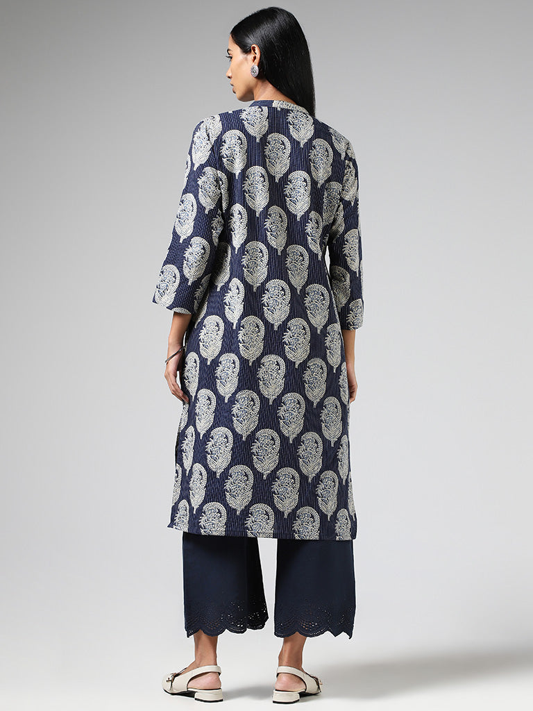 Utsa Indigo Printed & Kantha Embroidered Straight Kurta