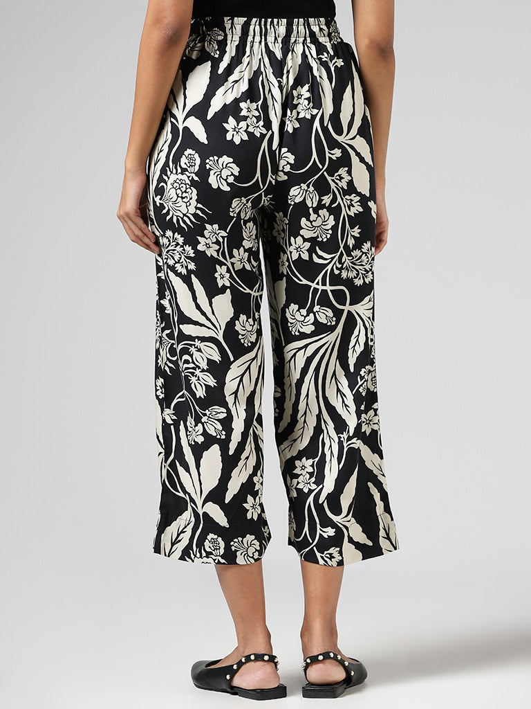 Utsa Black Floral Printed Wide-Leg Pants