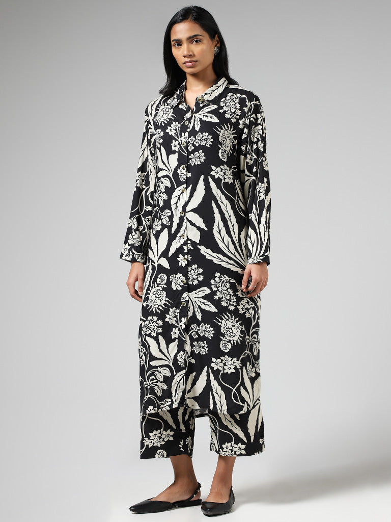 Utsa Black Floral Printed Wide-Leg Pants