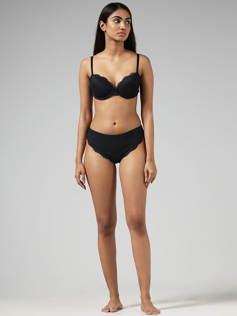 Wunderlove Solid Black Laced Brazilian Brief