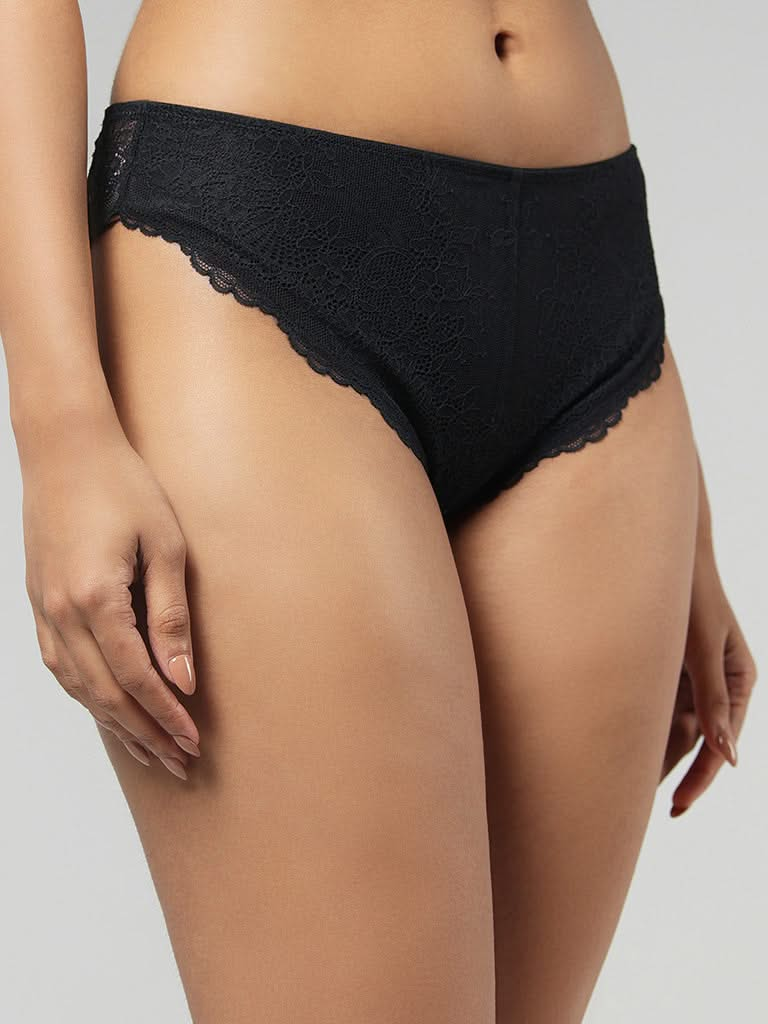 Wunderlove Solid Black Laced Brazilian Brief