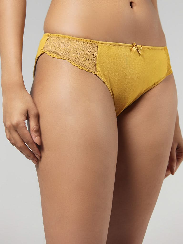 Wunderlove Yellow Laced Cotton Blend High-Leg Brief