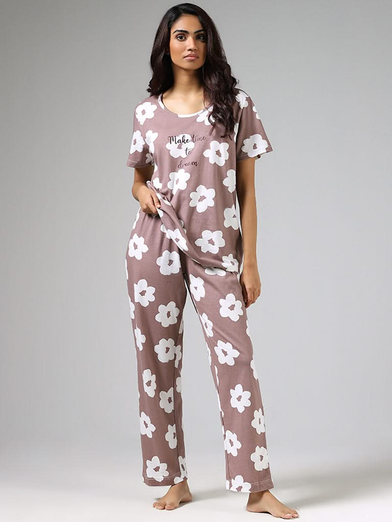 Wunderlove Brown Flower Print Cotton T-Shirt and Pyjamas Set