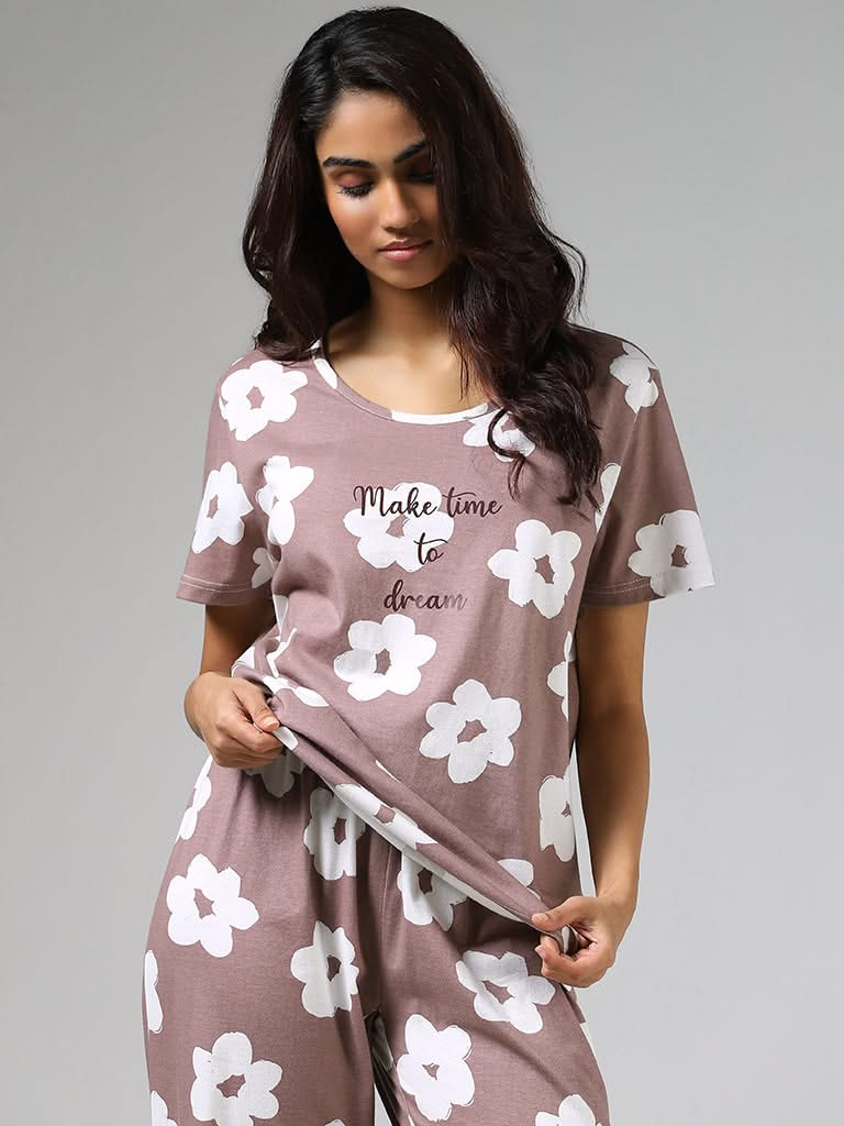 Wunderlove Brown Flower Print Cotton T-Shirt and Pyjamas Set