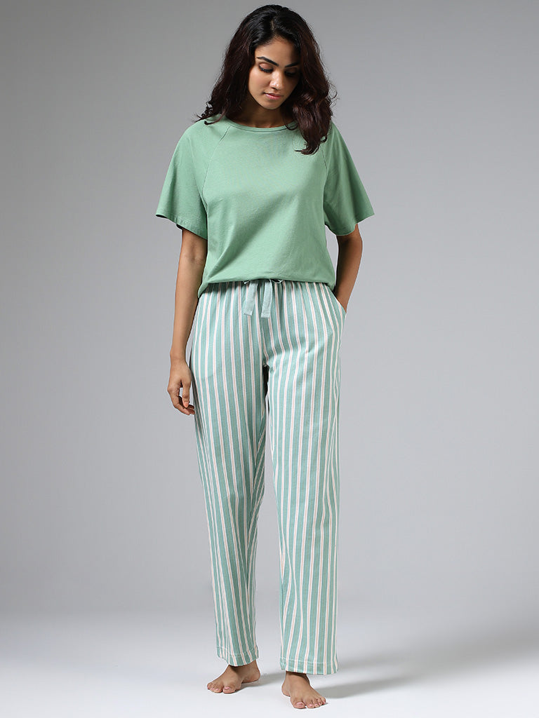 Wunderlove Sage Green Striped Cotton Pyjamas