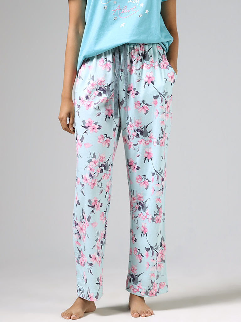 Wunderlove Sea Blue Flower Printed Cotton Pyjamas