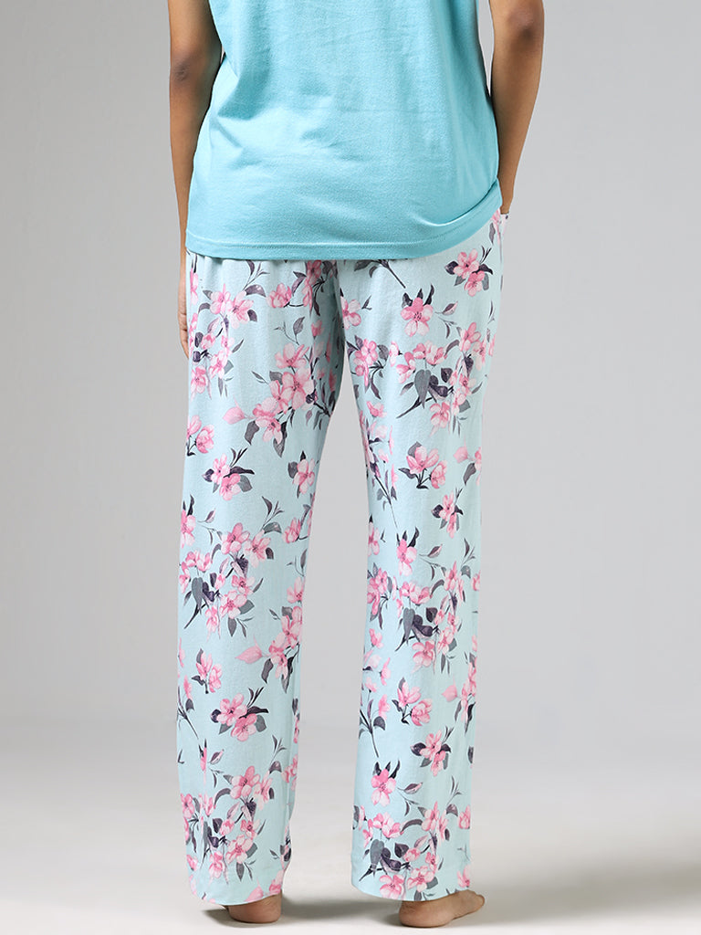 Wunderlove Sea Blue Flower Printed Cotton Pyjamas