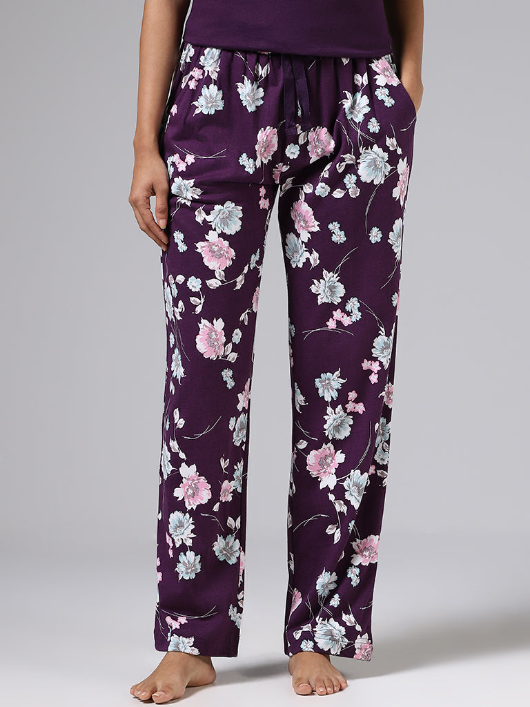 Wunderlove Dark Purple Floral Printed Pyjamas