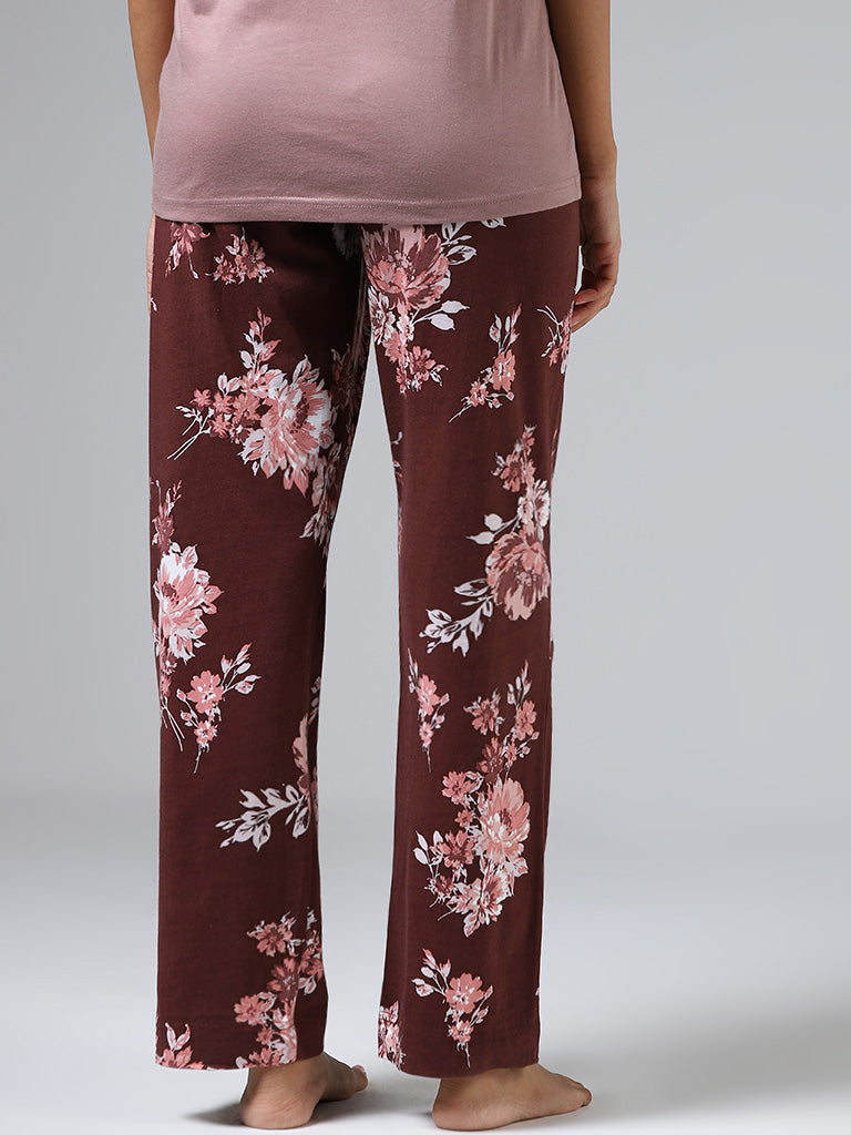 Wunderlove Chocolate Brown Floral Printed Pyjamas