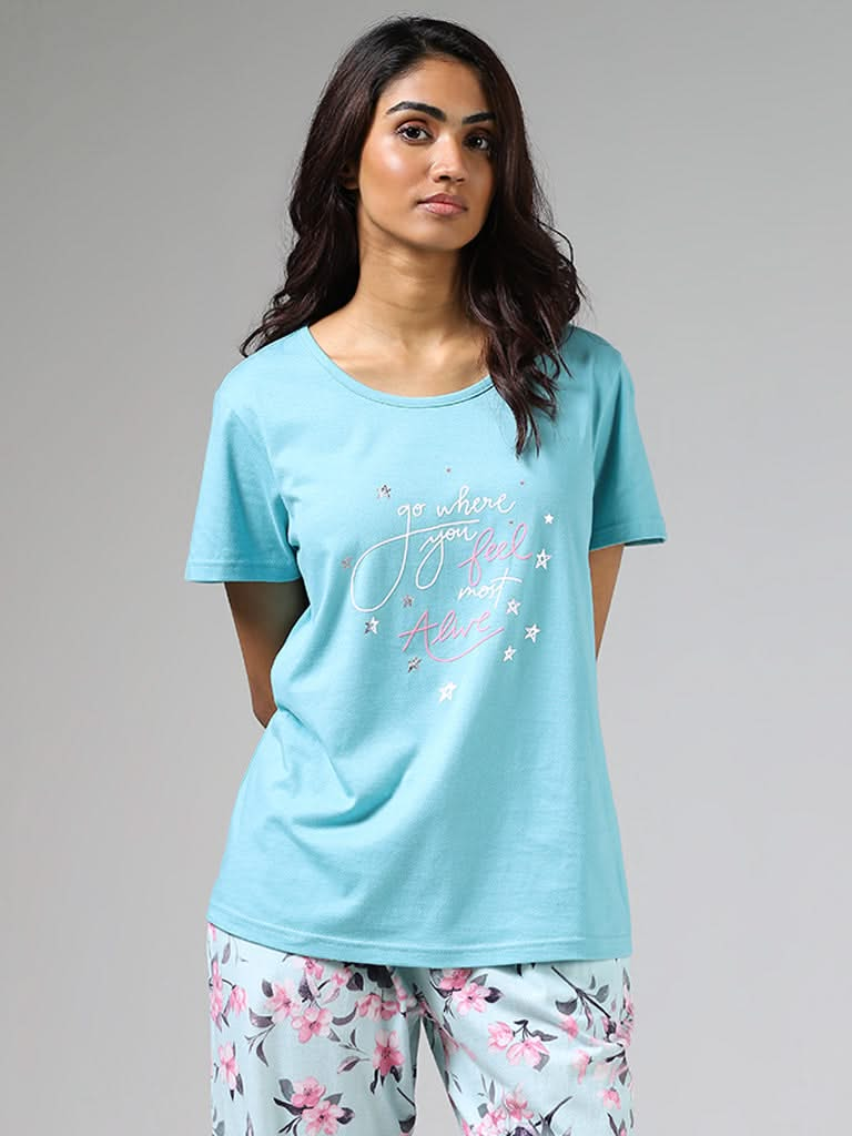 Wunderlove Sea Blue Typographic Printed Cotton T-Shirt