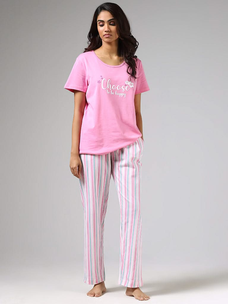 Wunderlove Pink Typographic Printed Cotton T-Shirt