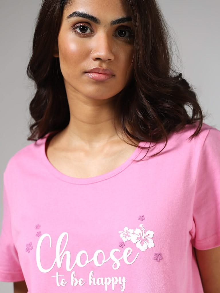 Wunderlove Pink Typographic Printed Cotton T-Shirt