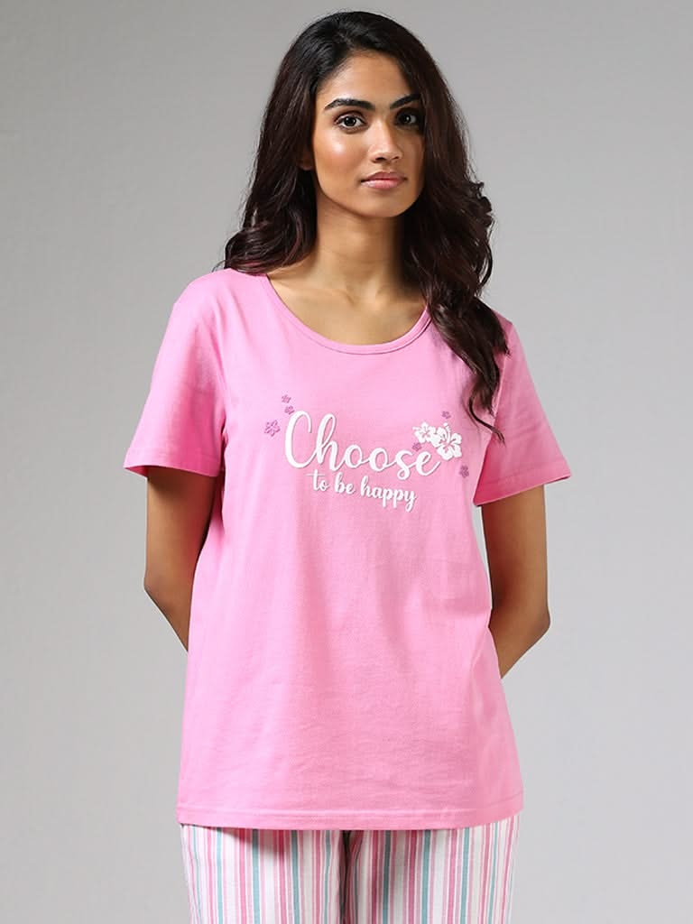 Wunderlove Pink Typographic Printed Cotton T-Shirt