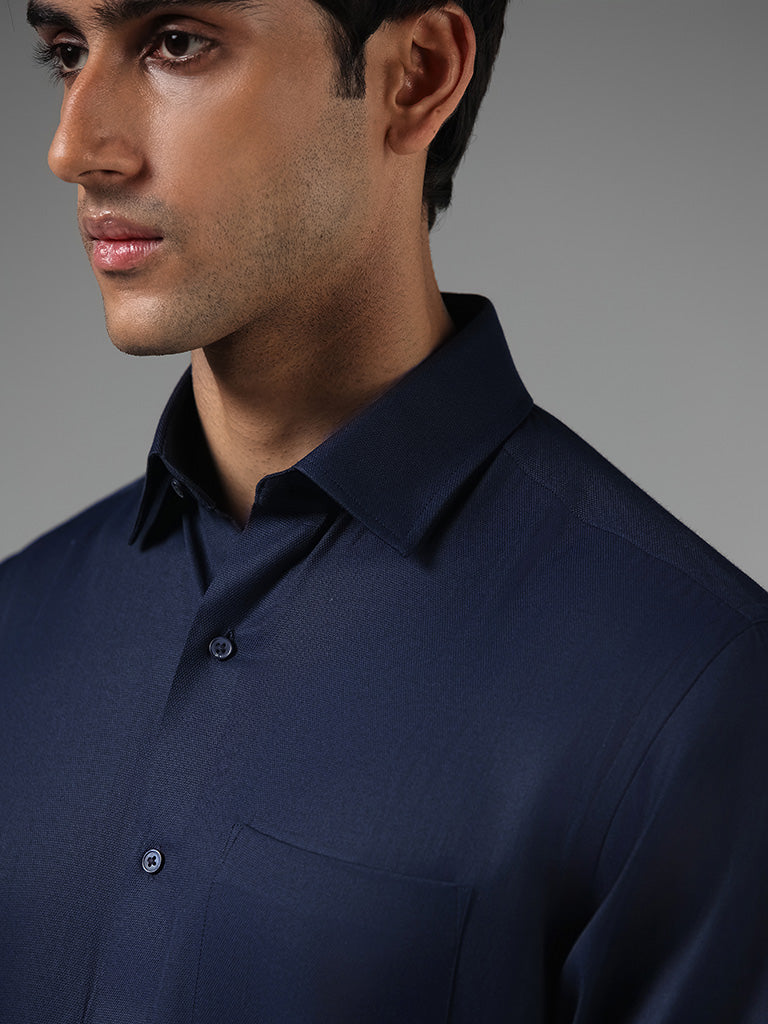 WES Formals Solid Navy Relaxed-Fit Shirt