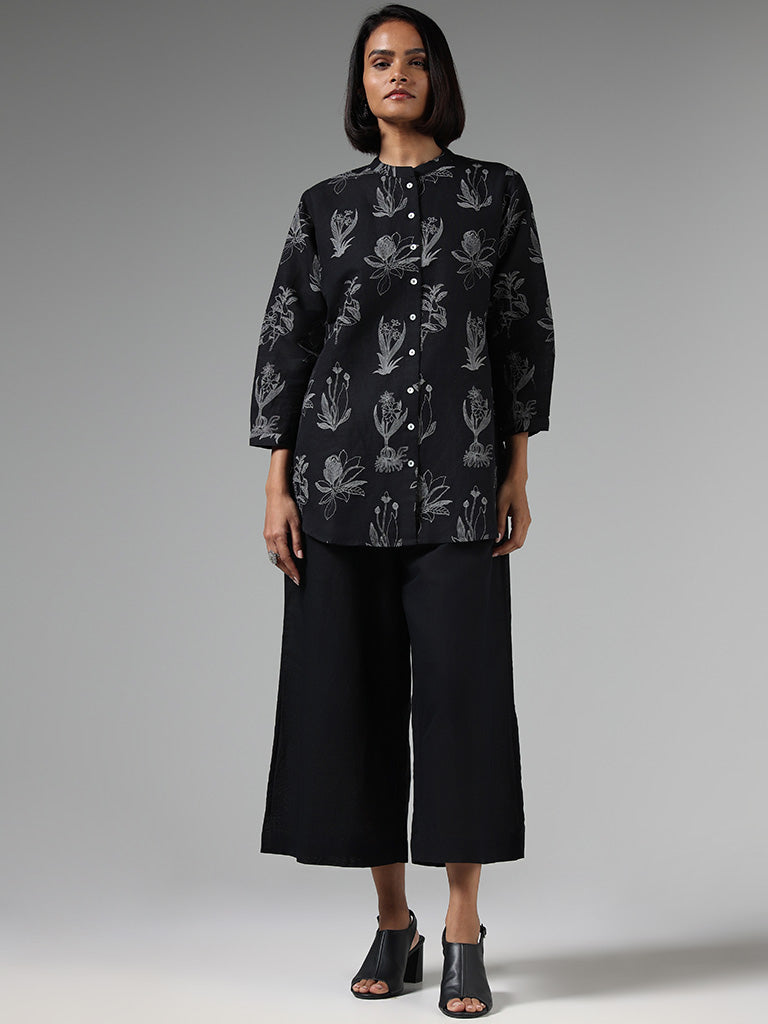 Zuba Black Floral Printed Button Down Tunic