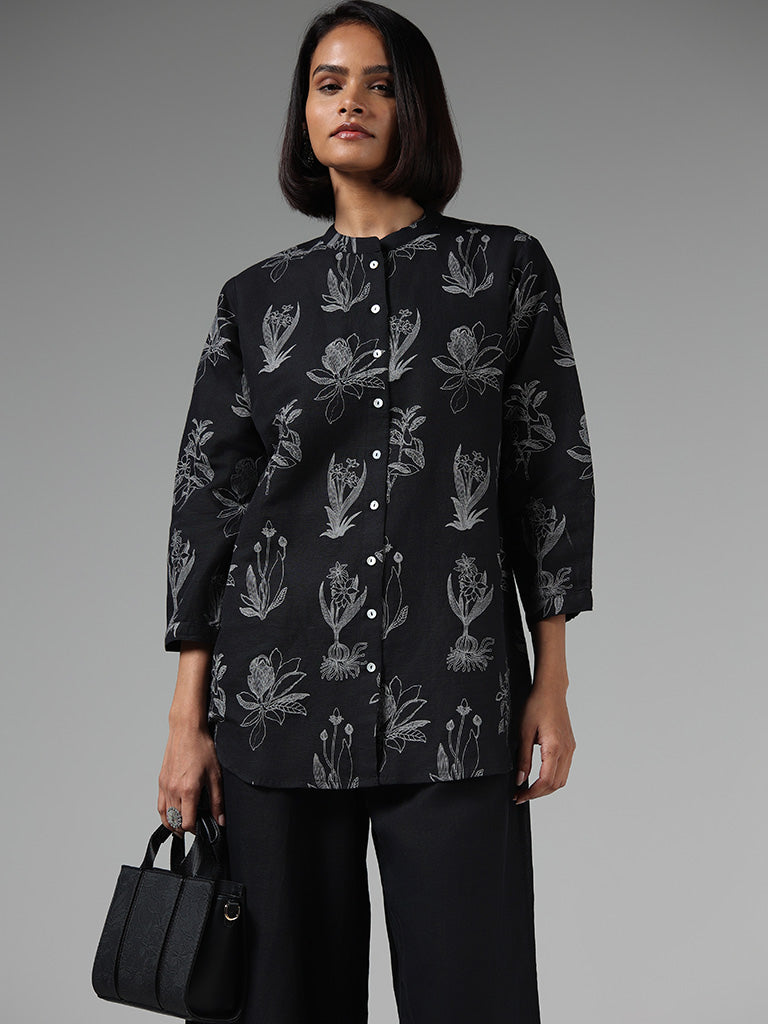 Zuba Black Floral Printed Button Down Tunic