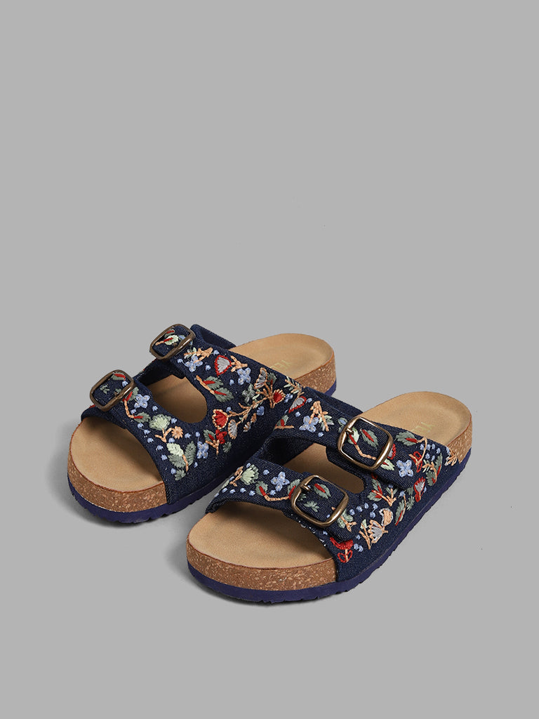 Yellow Navy Blue Floral Embroidered Multi-Strap Sandals