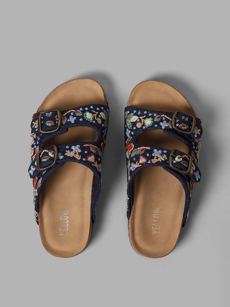 Yellow Navy Blue Floral Embroidered Multi-Strap Sandals