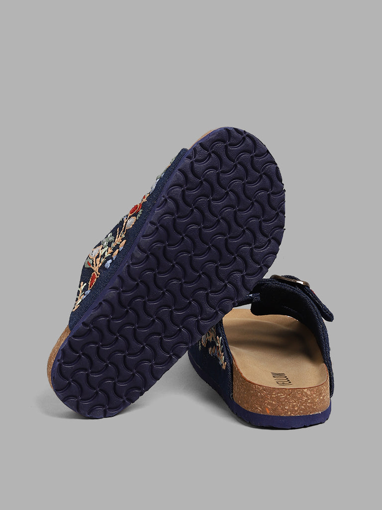 Yellow Navy Blue Floral Embroidered Multi-Strap Sandals