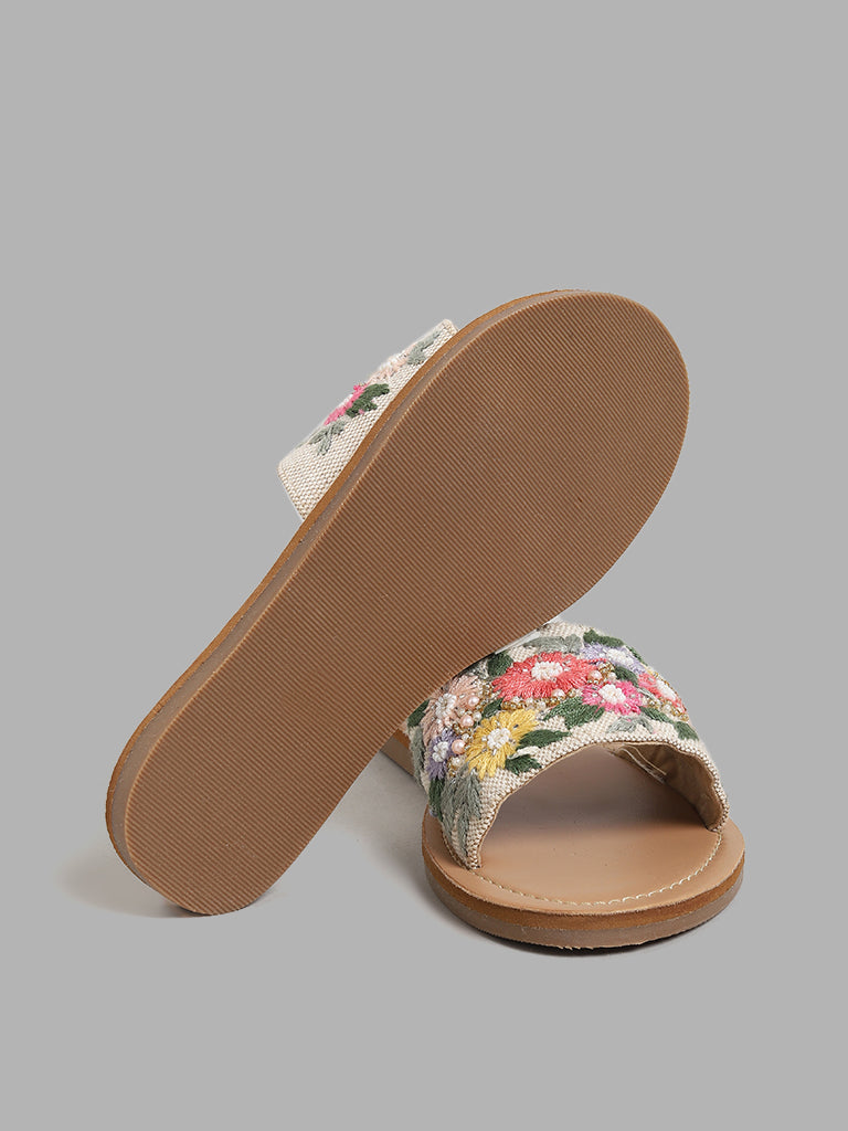 Yellow Floral Embroidered Light Beige Slides