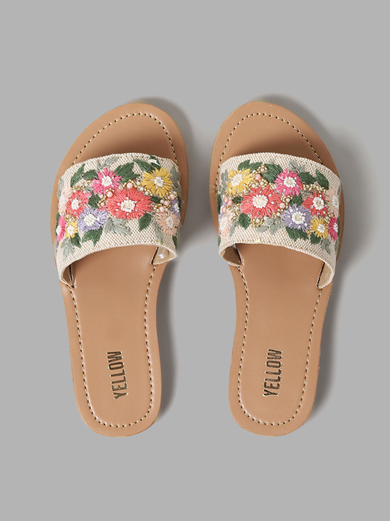 Yellow Floral Embroidered Light Beige Slides