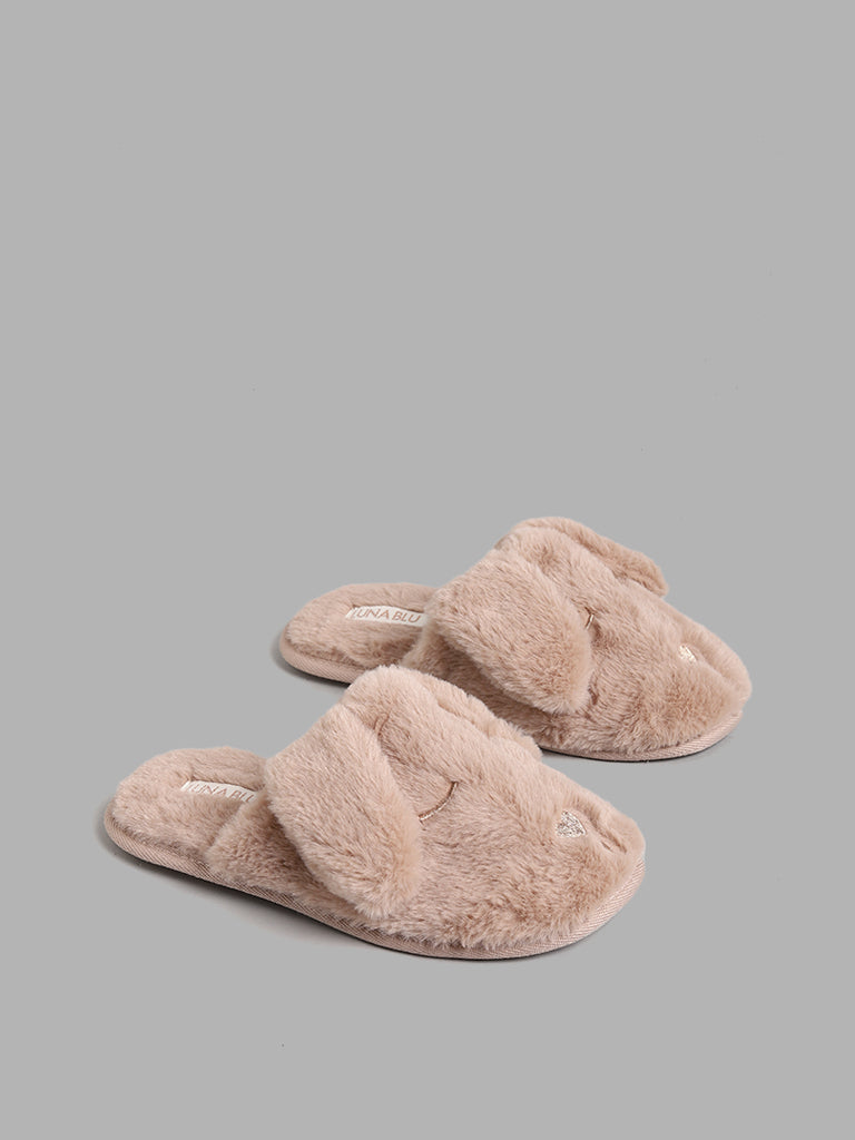 LUNA BLU Light Brown Dog Face Fur Slides