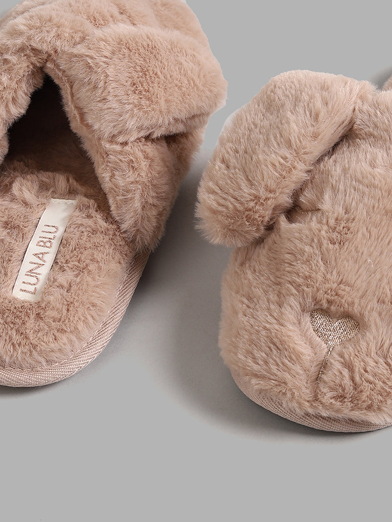 LUNA BLU Light Brown Dog Face Fur Slides