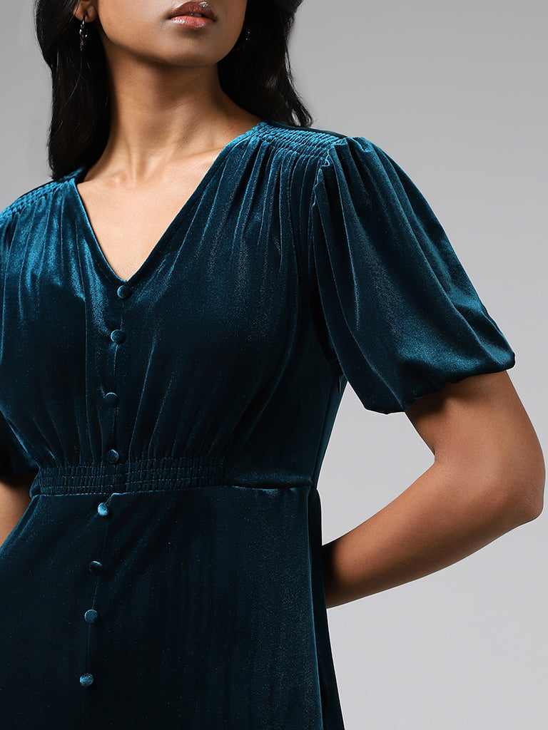 LOV Teal Button Accent Velvet Dress