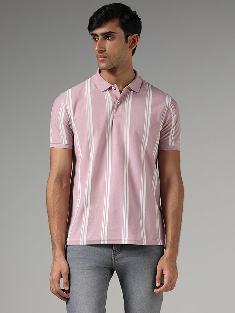 WES Casuals Pink Striped Slim-Fit Polo T-Shirt