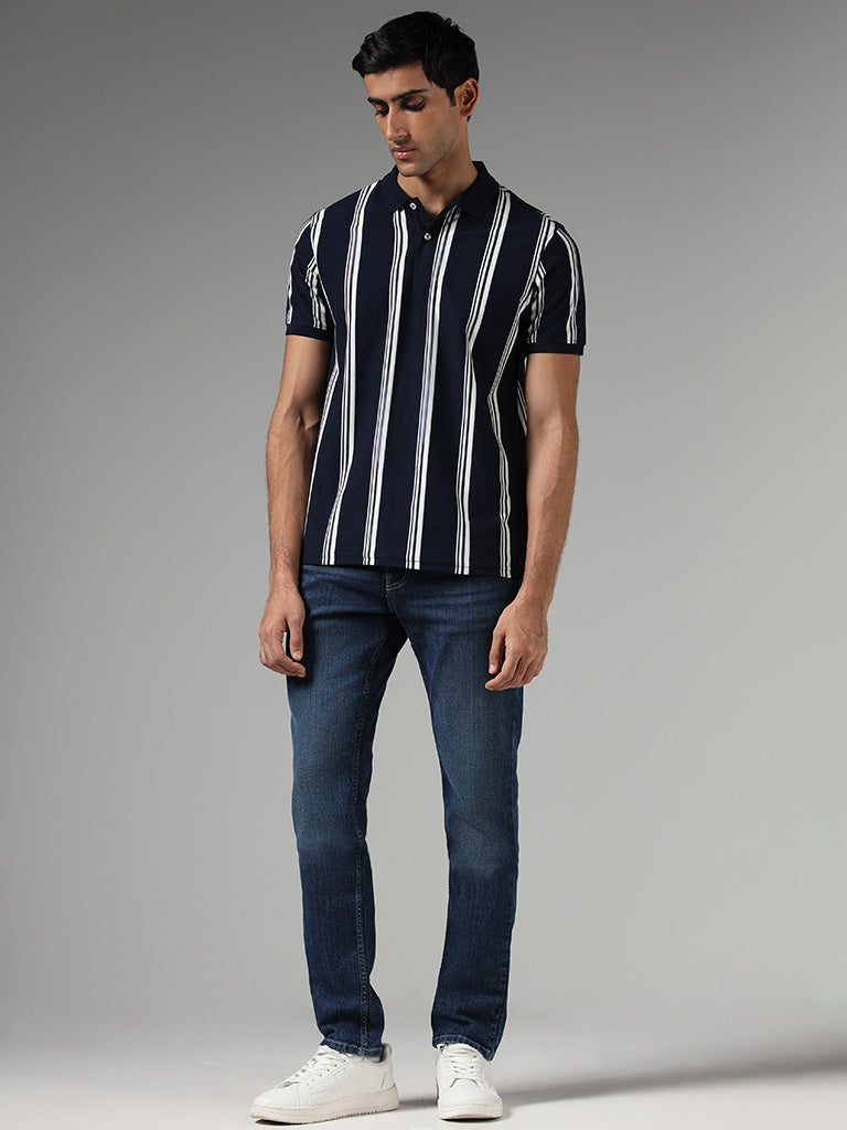 WES Casuals Navy Striped Slim-Fit Polo T-Shirt