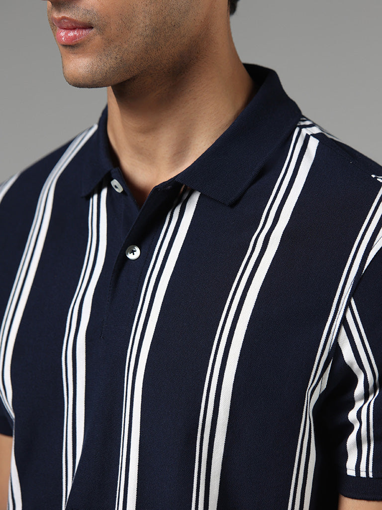 WES Casuals Navy Striped Slim-Fit Polo T-Shirt