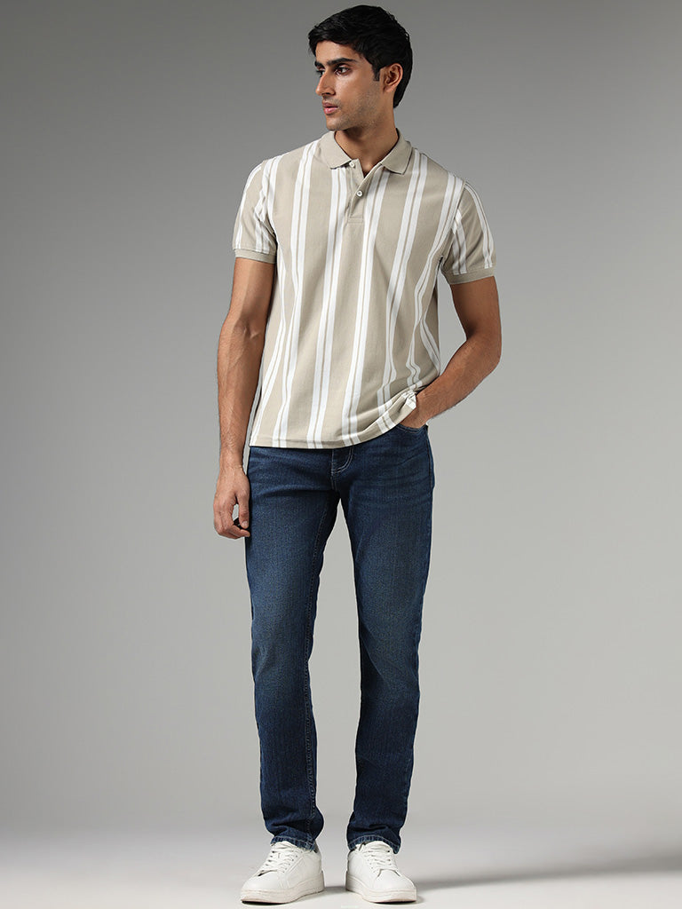 WES Casuals Beige Striped Slim-Fit Polo T-Shirt