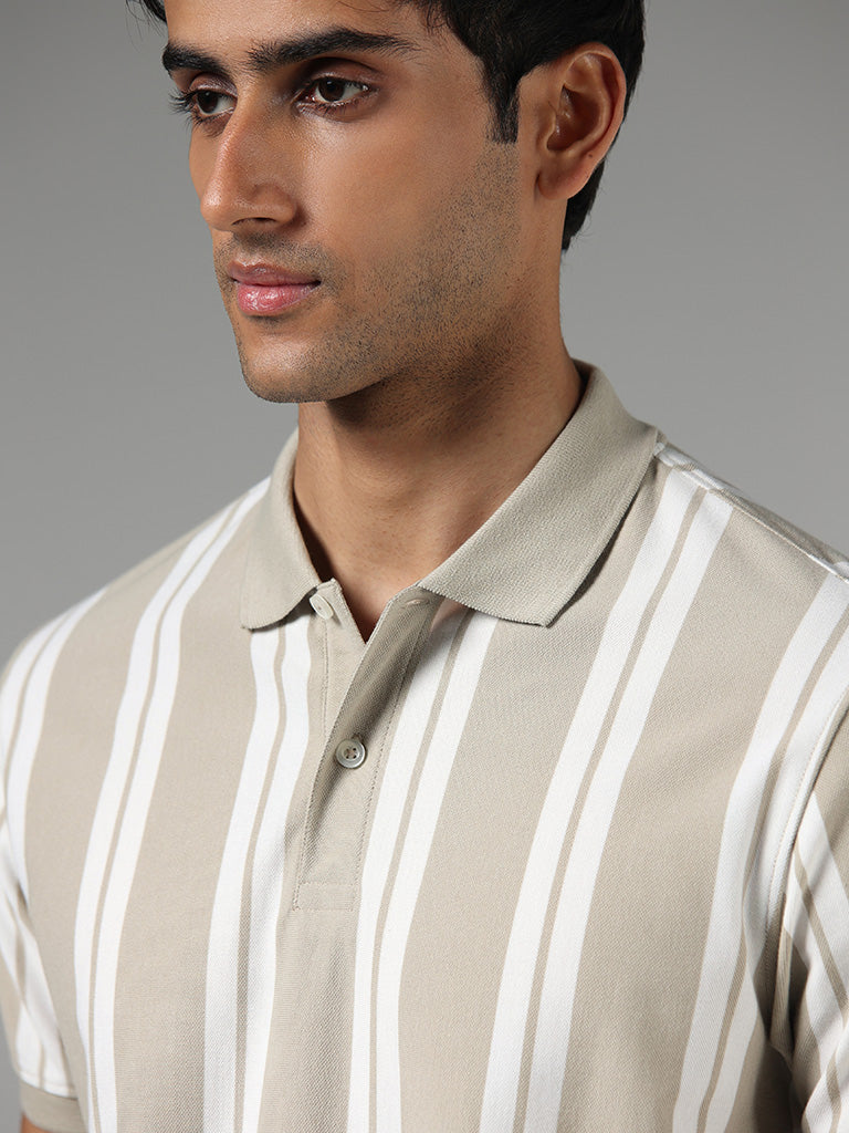 WES Casuals Beige Striped Slim-Fit Polo T-Shirt