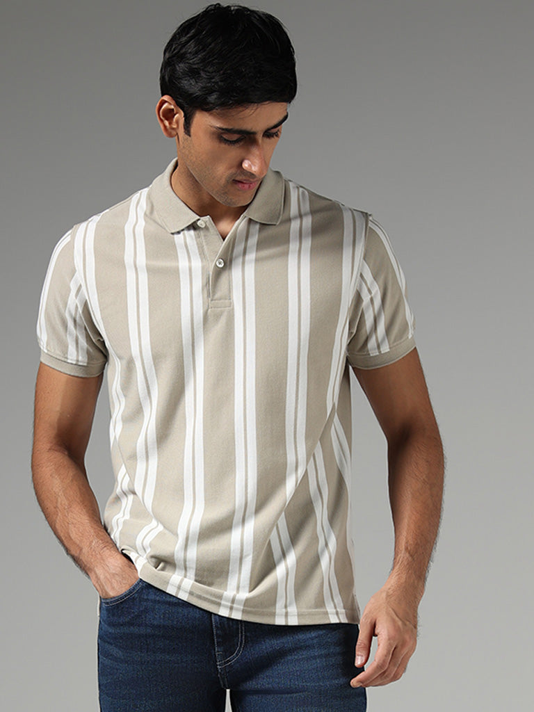 WES Casuals Beige Striped Slim-Fit Polo T-Shirt