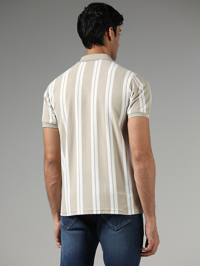 WES Casuals Beige Striped Slim-Fit Polo T-Shirt