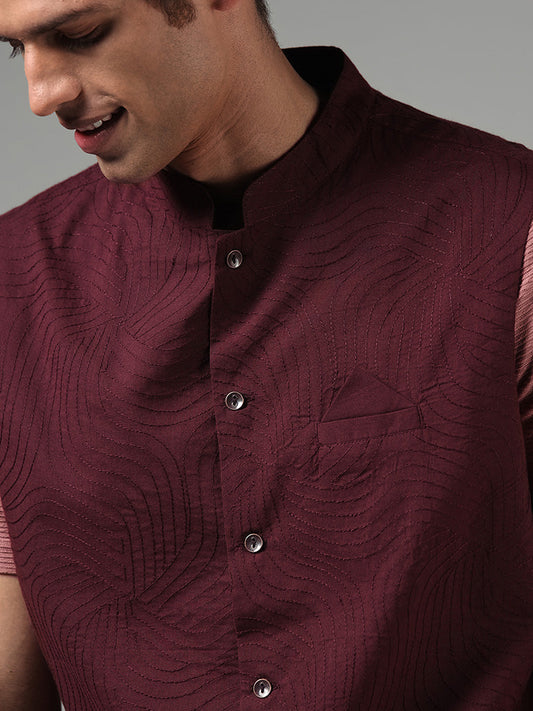 Kala by ETA Wine Embroidered Slim-Fit Nehru Jacket