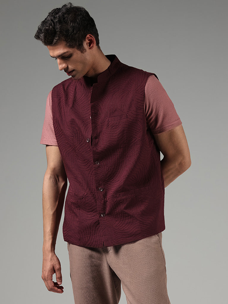 Kala by ETA Wine Embroidered Slim-Fit Nehru Jacket