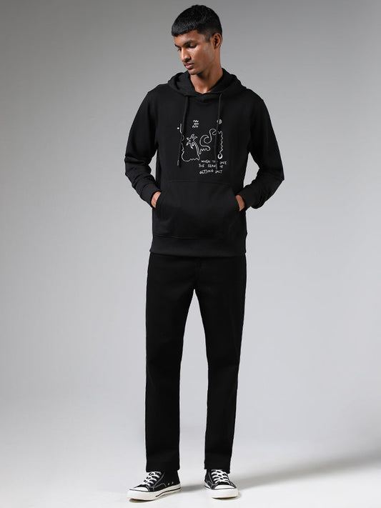 Nuon Black Embroidered Relaxed-Fit Hoodie