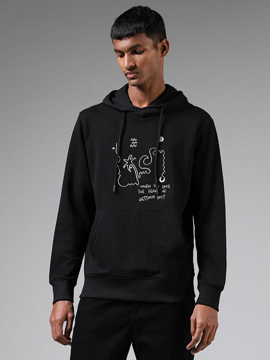 Nuon Black Embroidered Relaxed-Fit Hoodie