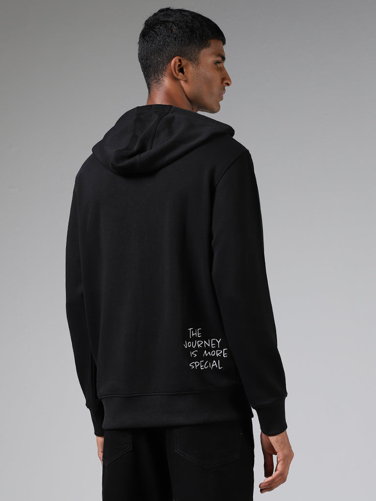 Nuon Black Embroidered Relaxed-Fit Hoodie