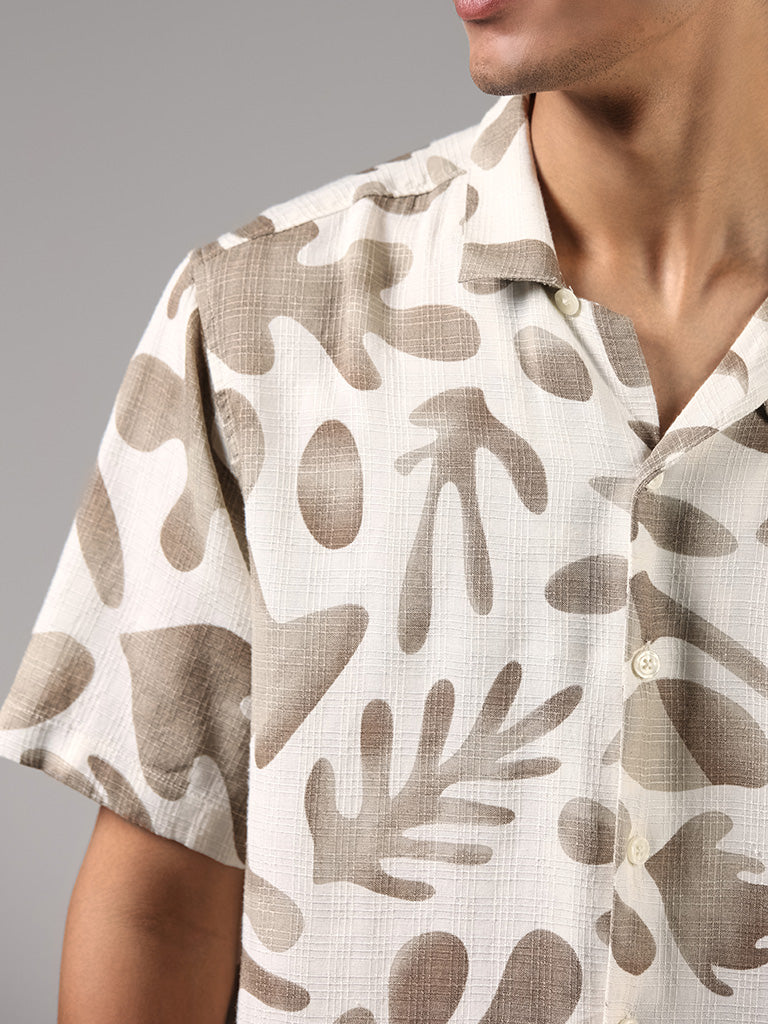 Nuon Off White Printed Relaxed-Fit Blended Linen Shirt