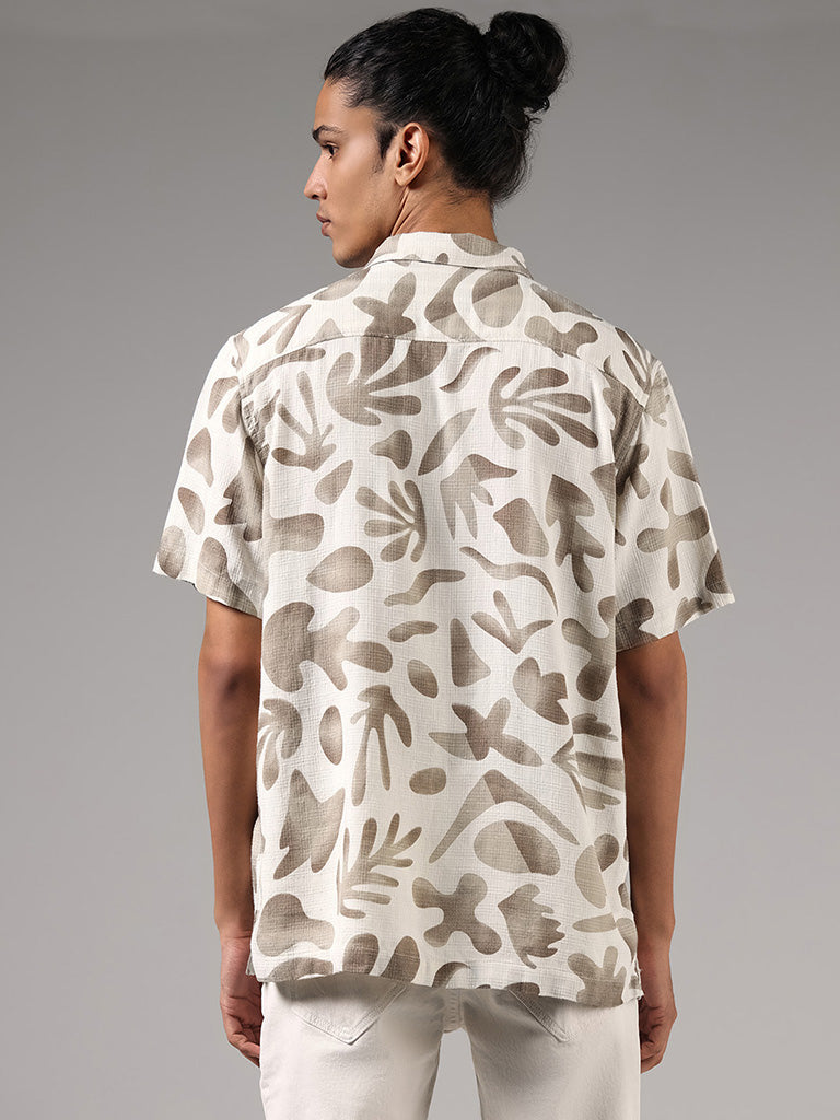 Nuon Off White Printed Relaxed-Fit Blended Linen Shirt