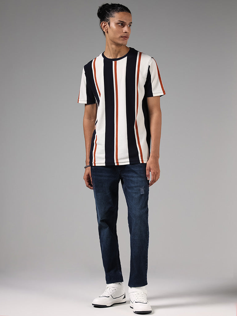 Nuon Off White Striped Cotton Blend Slim-Fit T-Shirt