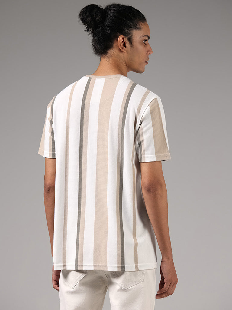 Nuon Beige Striped Cotton Slim-Fit T-Shirt