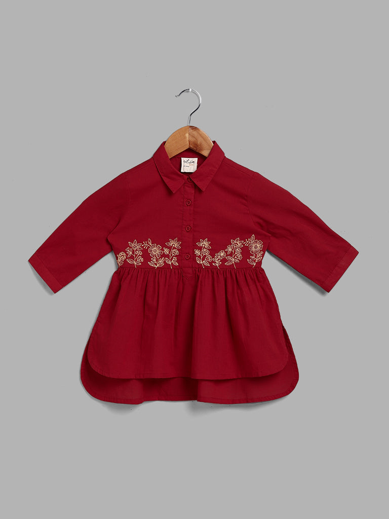 Utsa Kids Embroidered Maroon A-Line Top (2 - 8yrs)