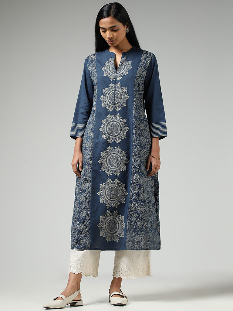 Utsa Indigo Mandala and Floral Printed Cotton A-Line Kurta