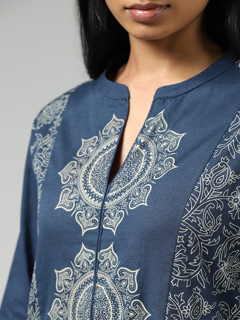 Utsa Indigo Mandala and Floral Printed Cotton A-Line Kurta